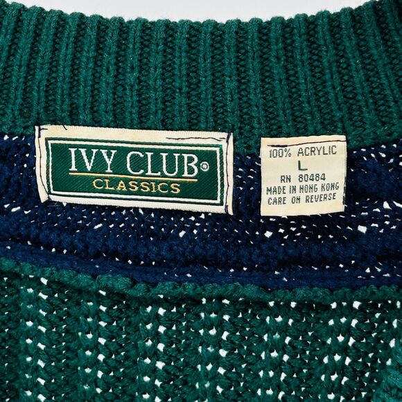 Vintage 90s Ivy Club Green Navy Cable Knit V-Neck Sweater - Picture 5 of 6